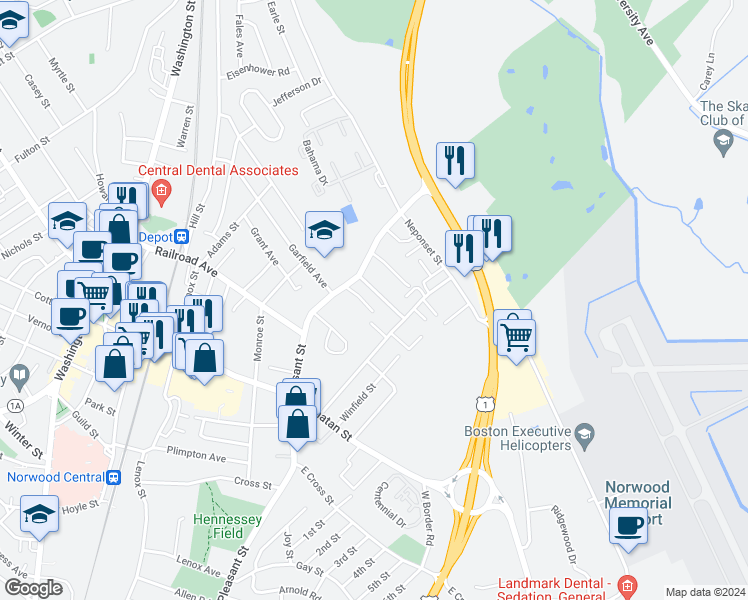 map of restaurants, bars, coffee shops, grocery stores, and more near 23 Cambridge Road in Norwood