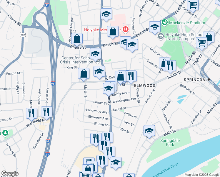 map of restaurants, bars, coffee shops, grocery stores, and more near 1967 Northampton Street in Holyoke