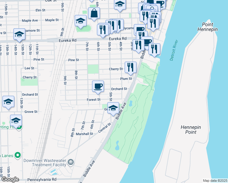 map of restaurants, bars, coffee shops, grocery stores, and more near 450 Orchard Street in Wyandotte
