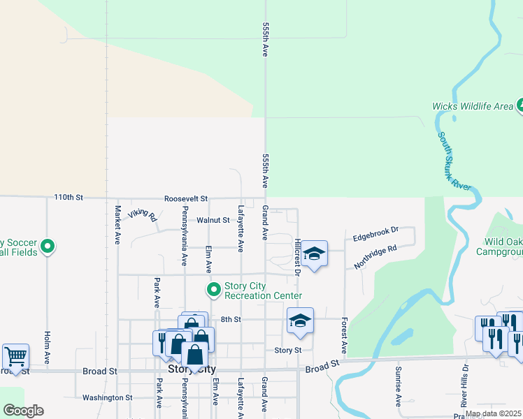 map of restaurants, bars, coffee shops, grocery stores, and more near 1134 Grand Avenue in Story City