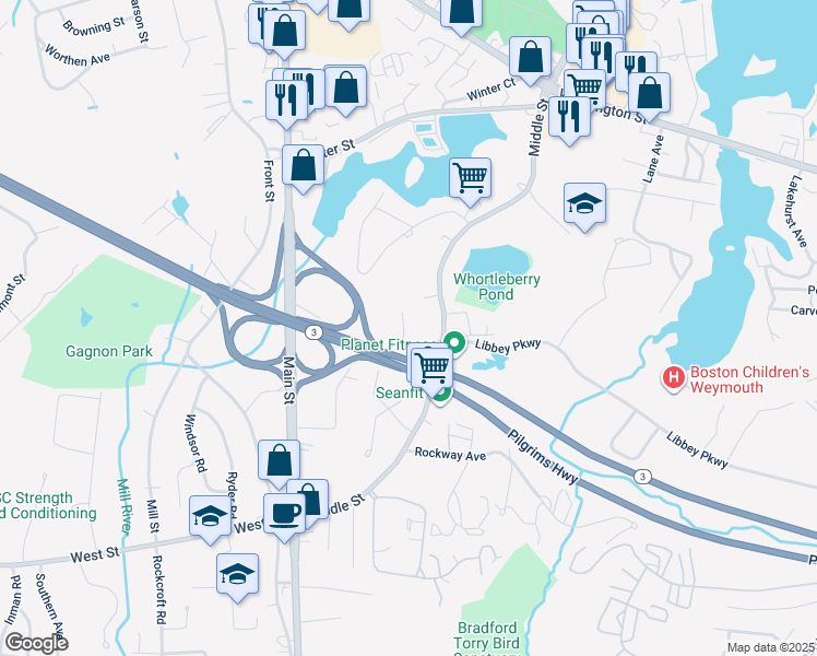map of restaurants, bars, coffee shops, grocery stores, and more near 10 Tara Drive in Weymouth