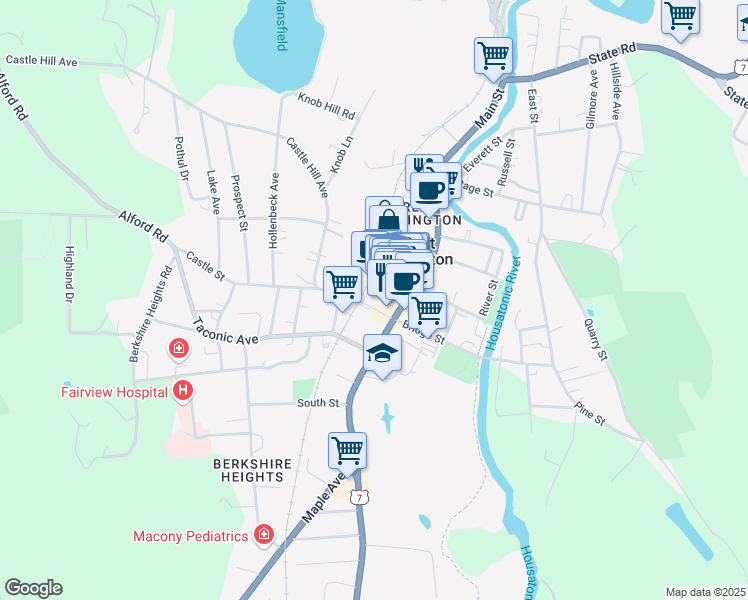 map of restaurants, bars, coffee shops, grocery stores, and more near 38 Railroad Street in Great Barrington