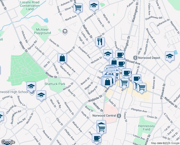 map of restaurants, bars, coffee shops, grocery stores, and more near 84 Cottage Street in Norwood