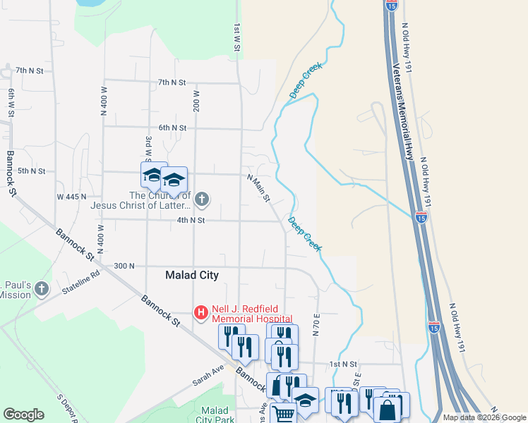 map of restaurants, bars, coffee shops, grocery stores, and more near 465 North Main Street in Malad City