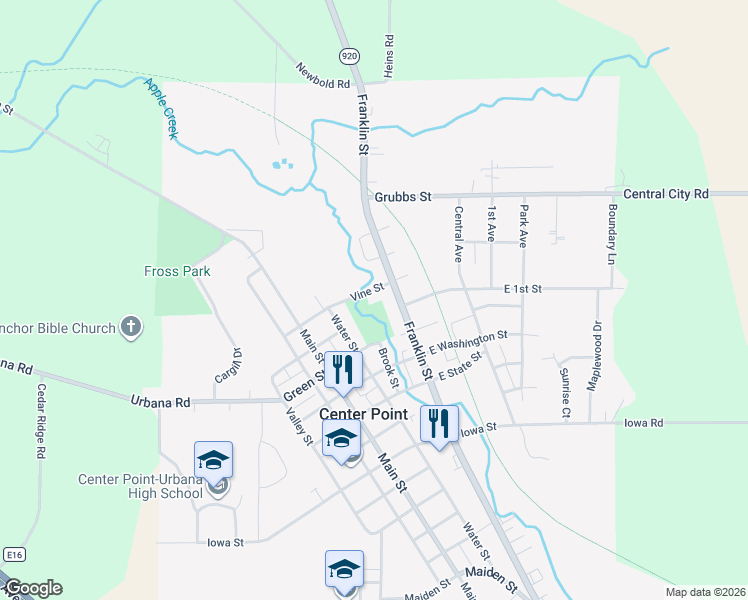 map of restaurants, bars, coffee shops, grocery stores, and more near 508 Vine Street in Center Point