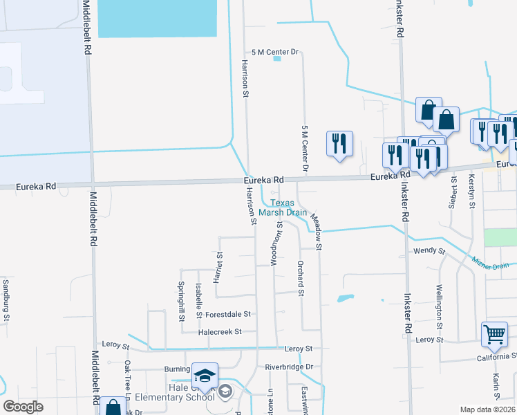 map of restaurants, bars, coffee shops, grocery stores, and more near 15043 Harrison Street in Romulus