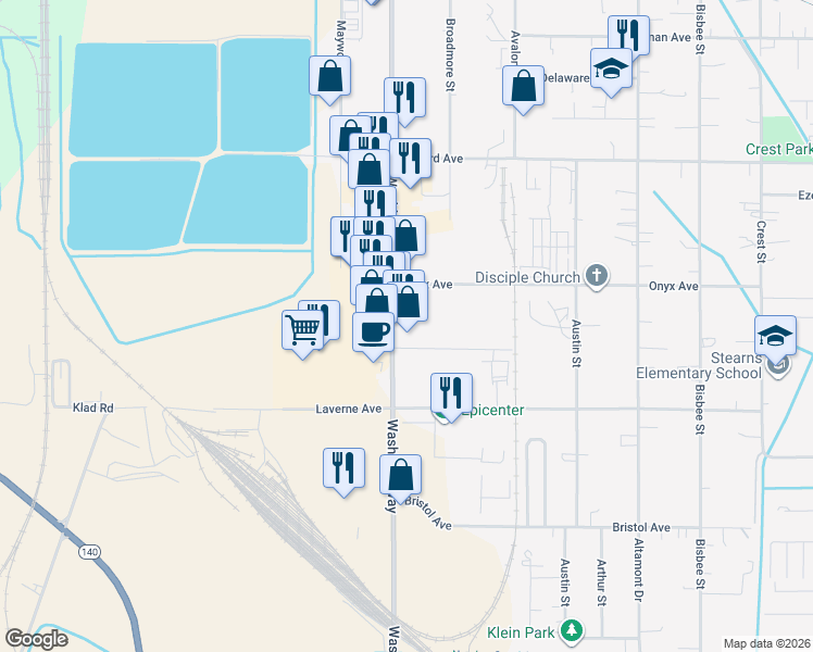 map of restaurants, bars, coffee shops, grocery stores, and more near 3427 Washburn Way in Klamath Falls