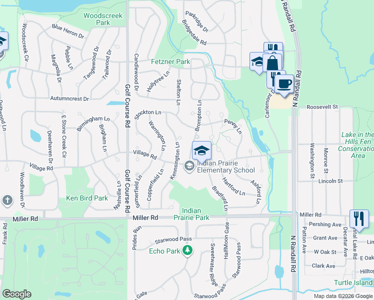 map of restaurants, bars, coffee shops, grocery stores, and more near 1661A Brompton Lane in Crystal Lake