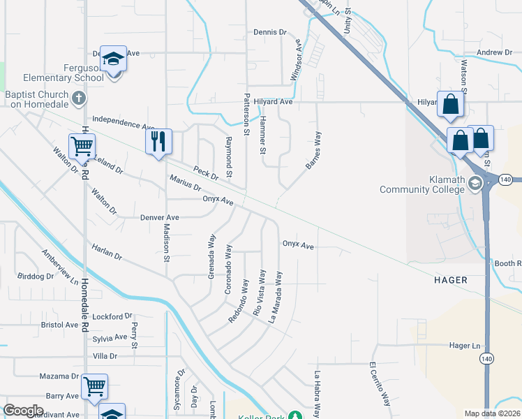 map of restaurants, bars, coffee shops, grocery stores, and more near 3441 Patterson Street in Klamath Falls