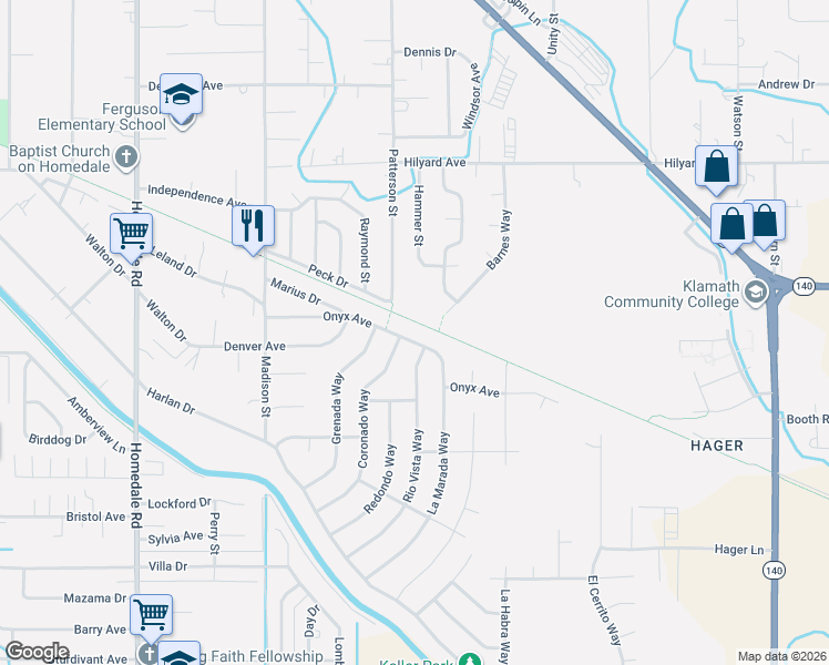 map of restaurants, bars, coffee shops, grocery stores, and more near 3441 Patterson Street in Klamath Falls