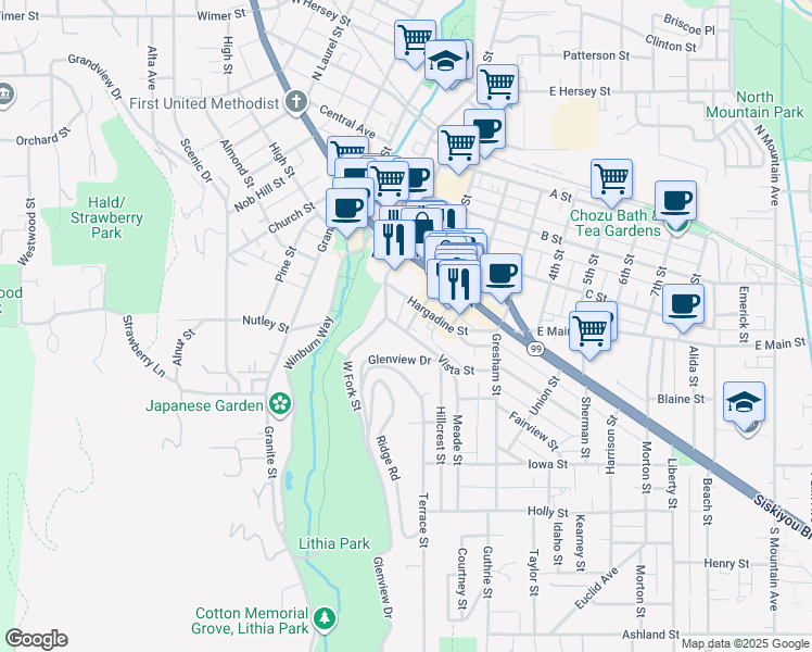 map of restaurants, bars, coffee shops, grocery stores, and more near 208 Hargadine Street in Ashland
