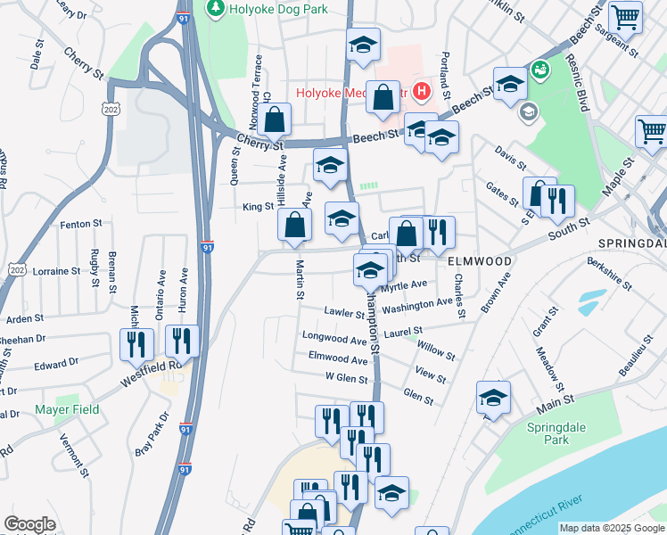 map of restaurants, bars, coffee shops, grocery stores, and more near 22 Westfield Road in Holyoke