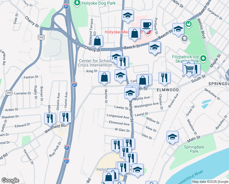 map of restaurants, bars, coffee shops, grocery stores, and more near 22 Westfield Road in Holyoke