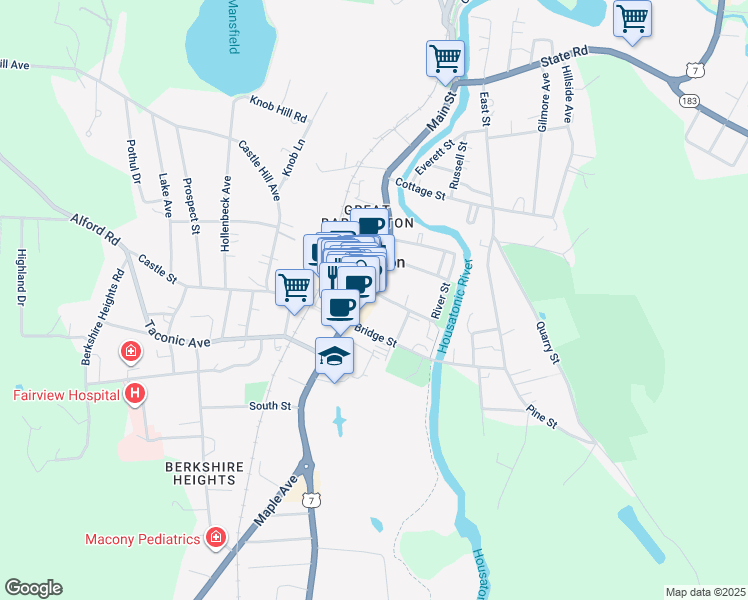 map of restaurants, bars, coffee shops, grocery stores, and more near 274 1/2 Main Street in Great Barrington