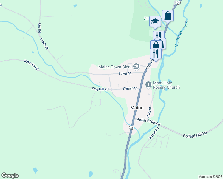 map of restaurants, bars, coffee shops, grocery stores, and more near Church Street in Endicott