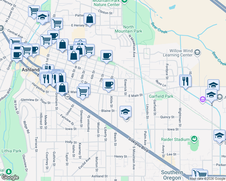 map of restaurants, bars, coffee shops, grocery stores, and more near 944 C Street in Ashland