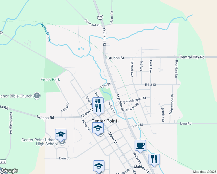 map of restaurants, bars, coffee shops, grocery stores, and more near 508 Vine Street in Center Point