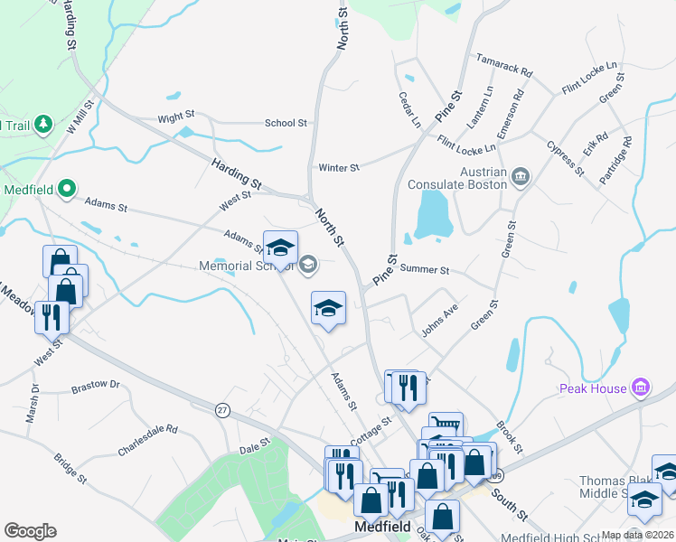 map of restaurants, bars, coffee shops, grocery stores, and more near 158 North Street in Medfield