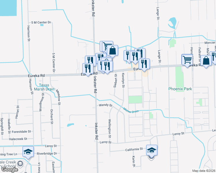 map of restaurants, bars, coffee shops, grocery stores, and more near 15104 Siebert Street in Taylor