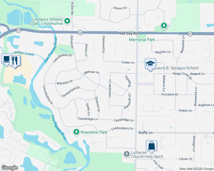 map of restaurants, bars, coffee shops, grocery stores, and more near 28 Lancaster Lane in Lincolnshire