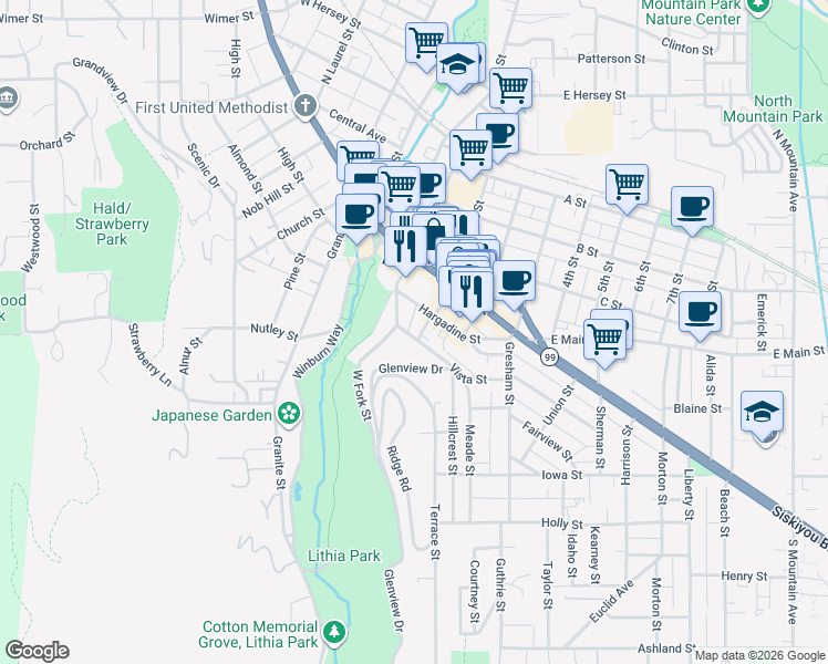 map of restaurants, bars, coffee shops, grocery stores, and more near 208 Hargadine Street in Ashland