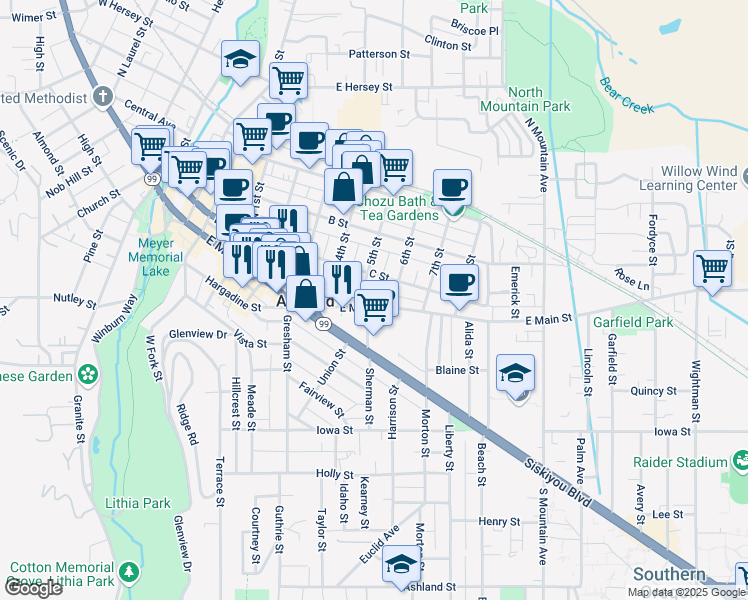 map of restaurants, bars, coffee shops, grocery stores, and more near 77 6th Street in Ashland