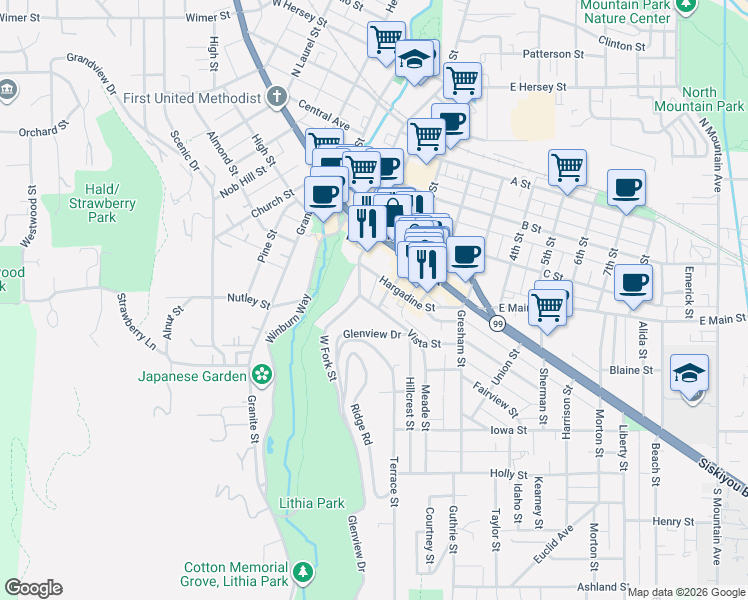 map of restaurants, bars, coffee shops, grocery stores, and more near 208 Hargadine Street in Ashland