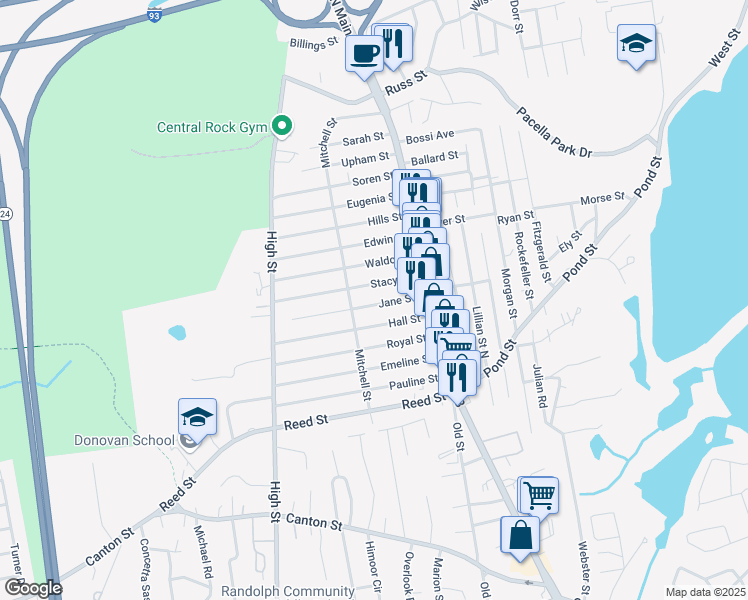 map of restaurants, bars, coffee shops, grocery stores, and more near 20 Stacy Street in Randolph