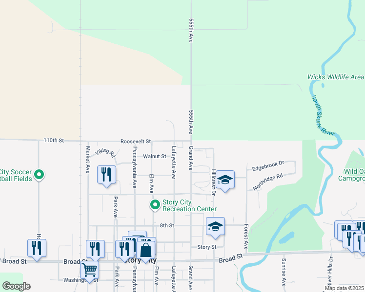 map of restaurants, bars, coffee shops, grocery stores, and more near 1117 Lafayette Avenue in Story City