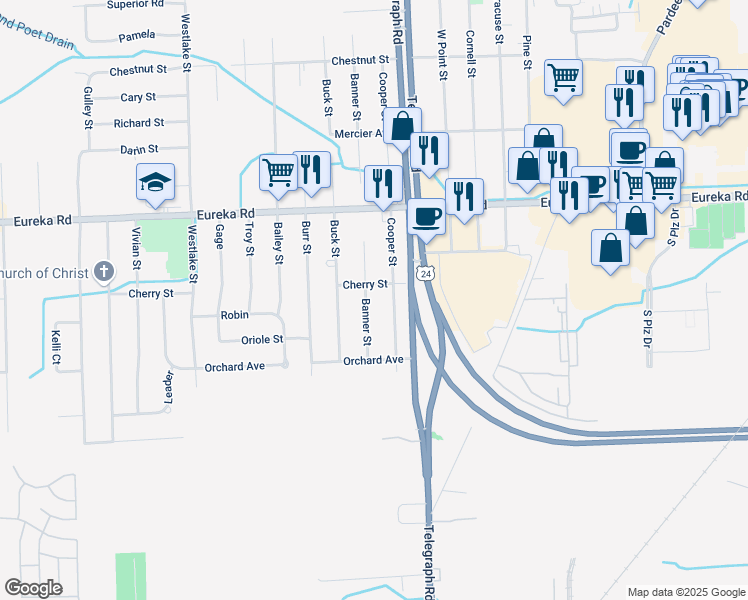 map of restaurants, bars, coffee shops, grocery stores, and more near 24245 Cherry Street in Taylor