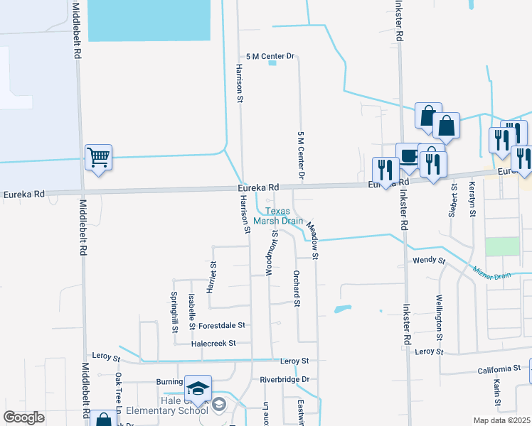 map of restaurants, bars, coffee shops, grocery stores, and more near 15080 Woodmont Court in Romulus