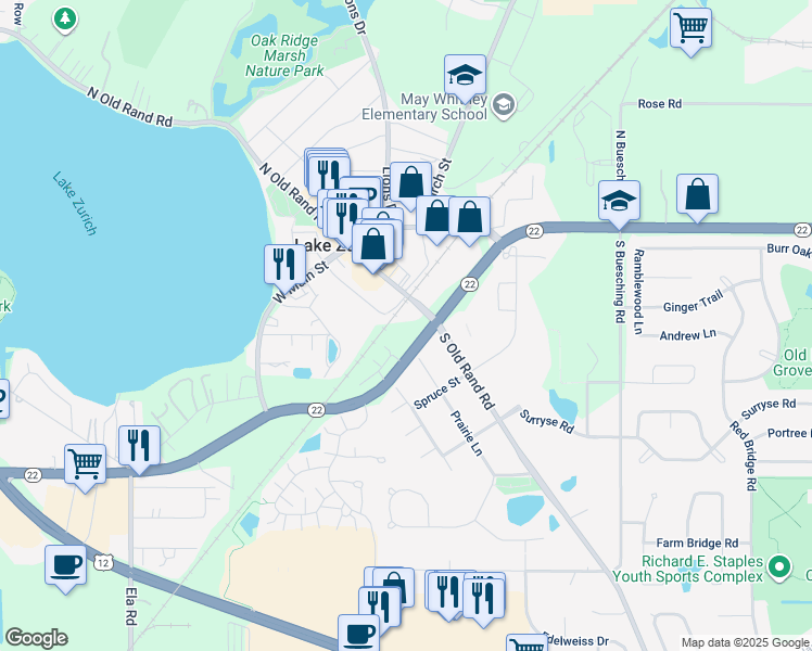 map of restaurants, bars, coffee shops, grocery stores, and more near 135 S Old Rand Rd in Lake Zurich