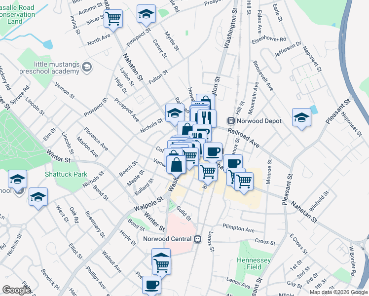 map of restaurants, bars, coffee shops, grocery stores, and more near 549 Washington Street in Norwood