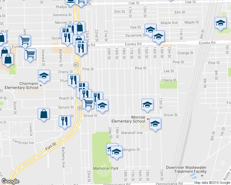 map of restaurants, bars, coffee shops, grocery stores, and more near 3678 19th Street in Wyandotte