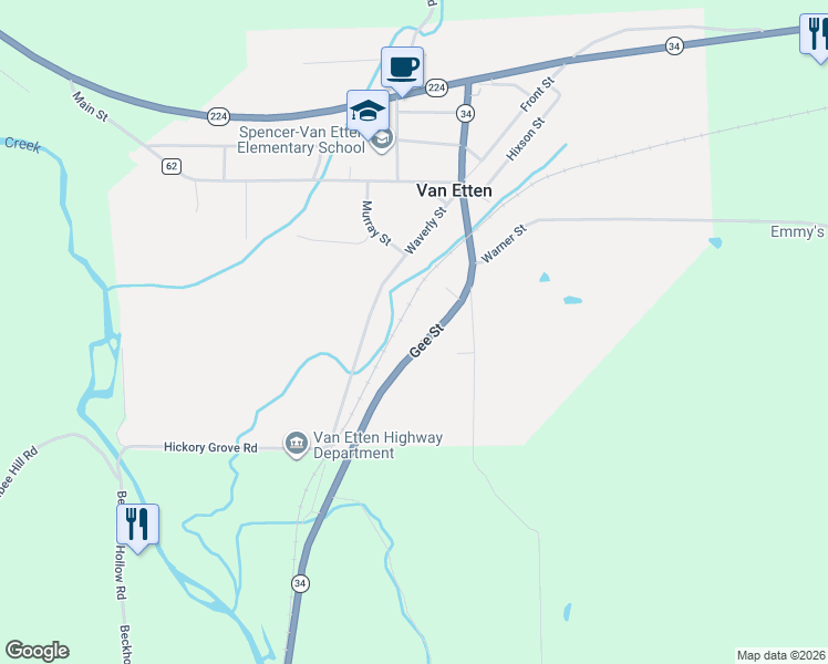 map of restaurants, bars, coffee shops, grocery stores, and more near 5 S Hill Rd in Van Etten