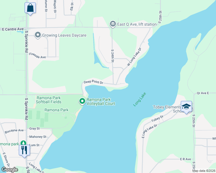 map of restaurants, bars, coffee shops, grocery stores, and more near 5104 Deep Point Drive in Kalamazoo