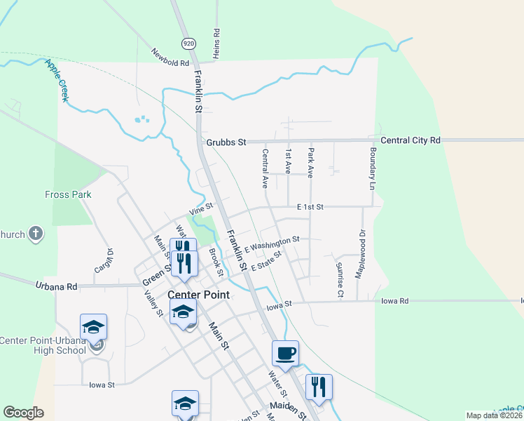map of restaurants, bars, coffee shops, grocery stores, and more near Cedar Valley Nature Trail in Center Point