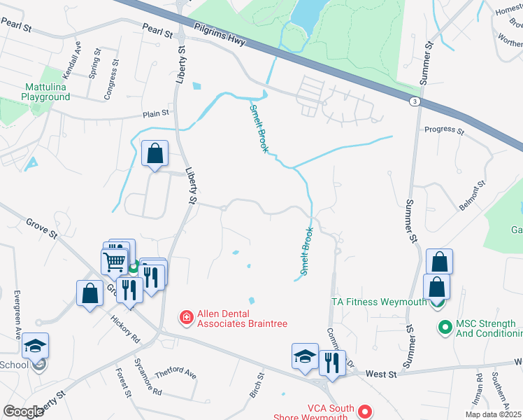 map of restaurants, bars, coffee shops, grocery stores, and more near 4 Matthew Lane in Braintree