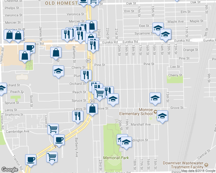 map of restaurants, bars, coffee shops, grocery stores, and more near 3673 22nd Street in Wyandotte