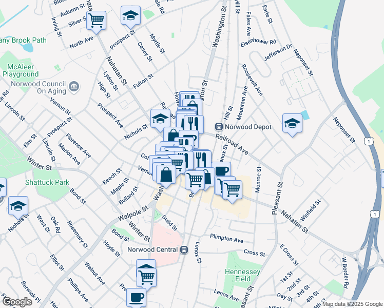 map of restaurants, bars, coffee shops, grocery stores, and more near in Norwood
