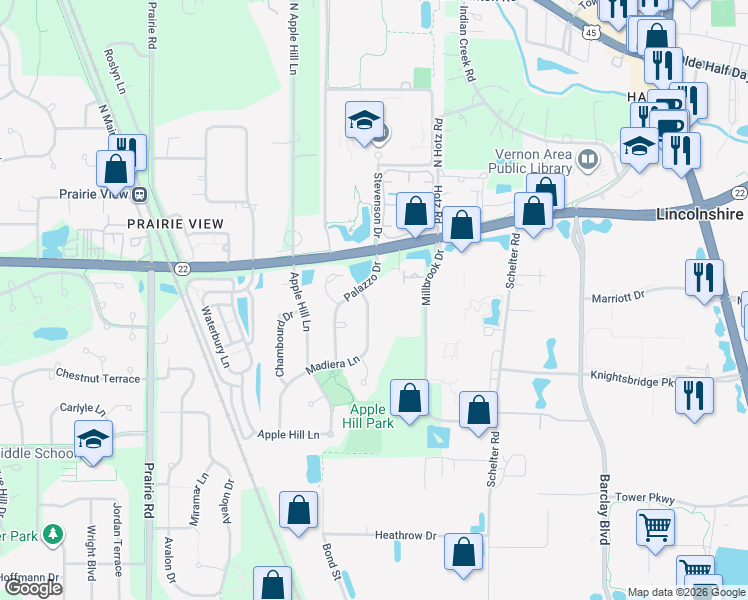 map of restaurants, bars, coffee shops, grocery stores, and more near 2469 Madiera Lane in Buffalo Grove