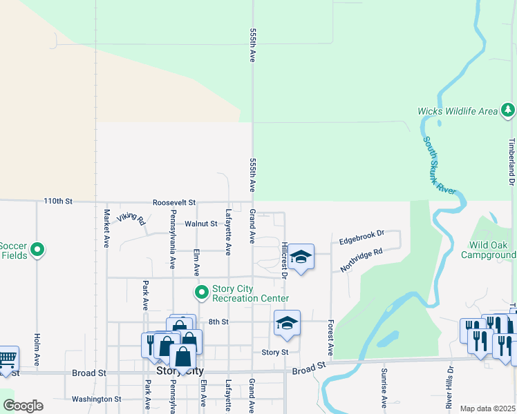 map of restaurants, bars, coffee shops, grocery stores, and more near 1134 Grand Avenue in Story City