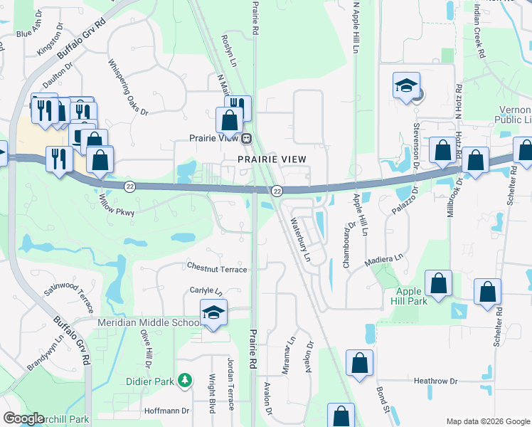 map of restaurants, bars, coffee shops, grocery stores, and more near 2553 Waterbury Lane in Buffalo Grove
