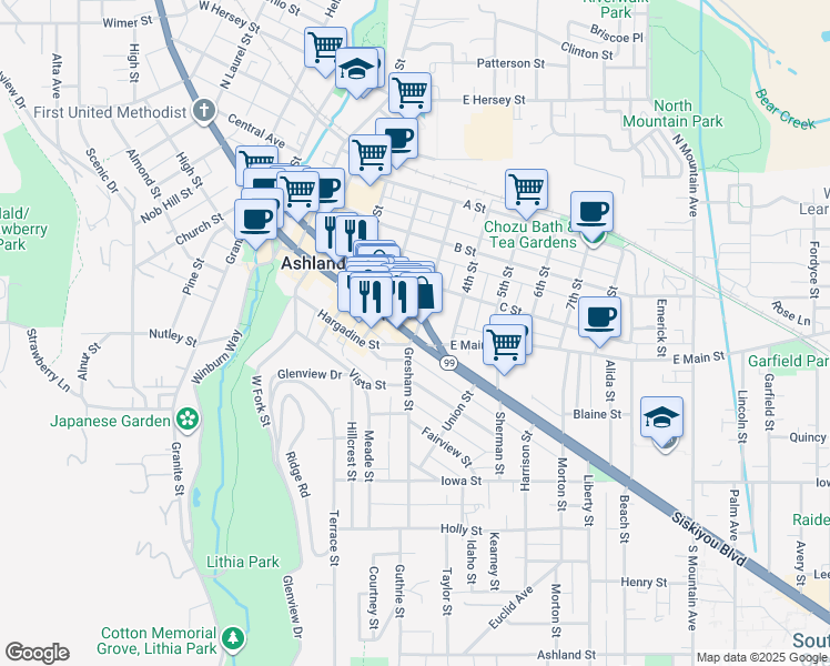 map of restaurants, bars, coffee shops, grocery stores, and more near 369 East Main Street in Ashland