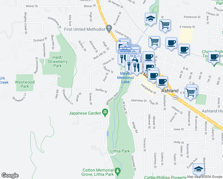 map of restaurants, bars, coffee shops, grocery stores, and more near 108 Granite Street in Ashland