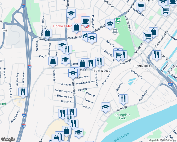 map of restaurants, bars, coffee shops, grocery stores, and more near 527 South Street in Holyoke