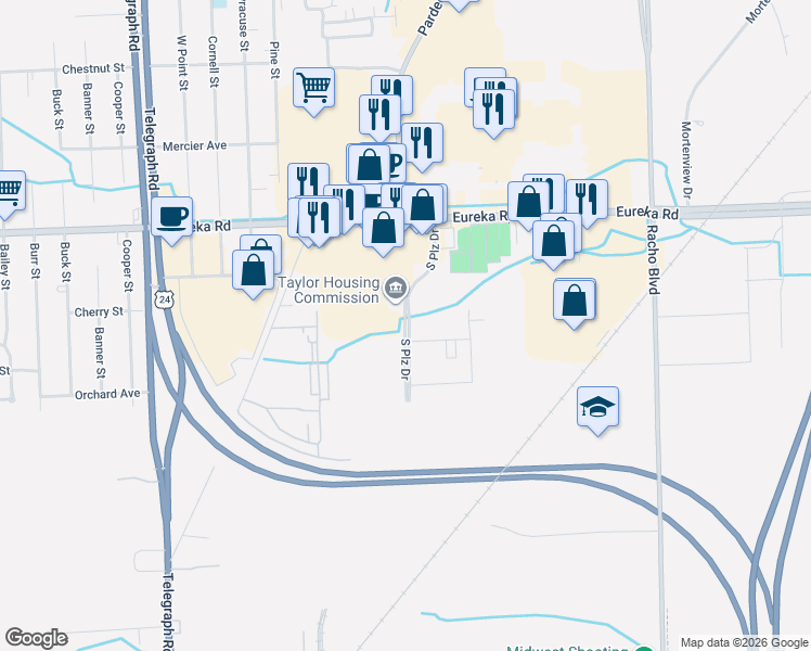 map of restaurants, bars, coffee shops, grocery stores, and more near 12501 Telegraph Road in Taylor