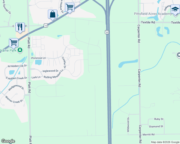map of restaurants, bars, coffee shops, grocery stores, and more near 6514 Castaway Lane in Ypsilanti