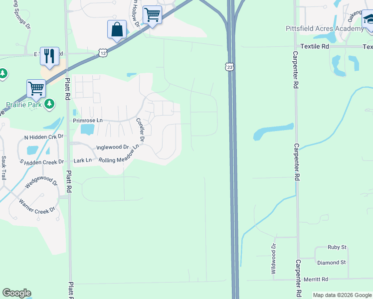 map of restaurants, bars, coffee shops, grocery stores, and more near 4320 Rolling Meadow Lane in Ypsilanti