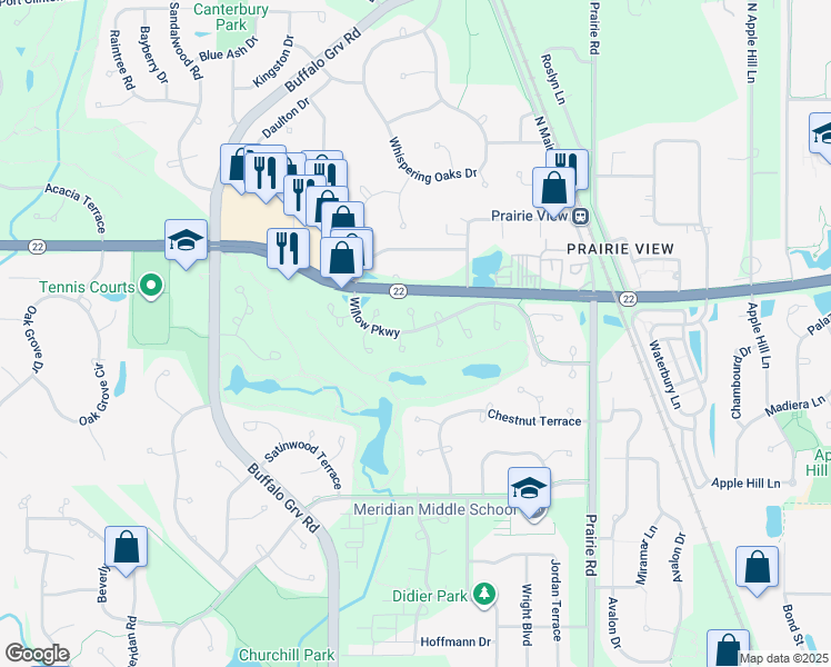 map of restaurants, bars, coffee shops, grocery stores, and more near 190 Willow Parkway in Buffalo Grove